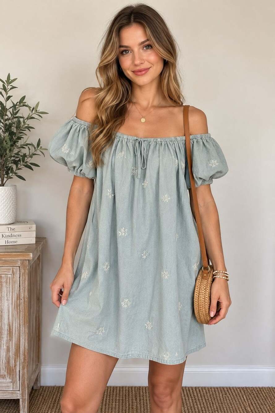 GILL Size S Chambray Puff Sleeve Dress Floral Embroidered Cottagecore Y2K